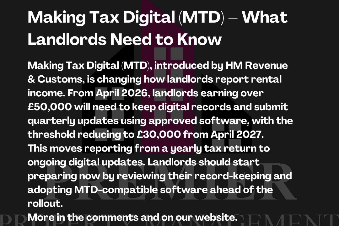 Hero banner with orange 'Property | Latest' and a large white headline about Making Tax Digital (MTD) for landlords, plus a short summary text beneath it.